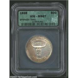 1935 50C Spanish Trail MS67 ICG. The otherwise silver tinged surfaces reveal a blush of lilac-tan pa