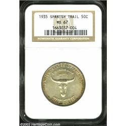 1935 50C Spanish Trail MS67 NGC. Flickers of orange-russet rim color frame otherwise evenly toned, c