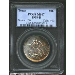 1938-D 50C Texas MS67 PCGS. Mottled crimson-russet and orange-olive toning drifts toward the right b