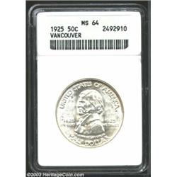 1925 50C Vancouver MS64 ANACS. This essentially untoned, lustrous example is a few wispy abrasions a