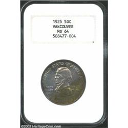 1925 50C Vancouver MS64 NGC. Waves of powder-blue, golden-brown, and olive patina endow this lustrou