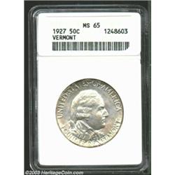 1927 50C Vermont MS65 ANACS. Both sides have wisps of apricot and tan-gold color, and the reverse fi
