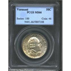 1927 50C Vermont MS66 PCGS. Moderate green-golden toning covers both sides, with strong yellowish un