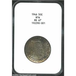 1946 50C Booker T. Washington MS67 NGC. This remarkable Superb Gem is blanketed by incredibly rich m