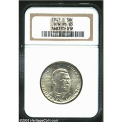 1947-D 50C Booker T. Washington MS65 NGC. Excellent luster characteristics and mostly brilliant with