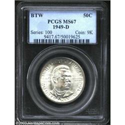 1949-D 50C Booker T. Washington MS67 PCGS. The silver-white surfaces are awash in shimmering mint fr