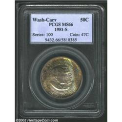 1951-S 50C Washington-Carver MS66 PCGS. Predominantly champagne-lilac on the reverse, the toning ass