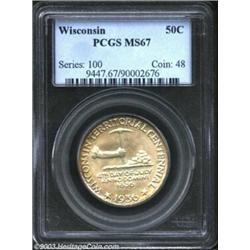 1936 50C Wisconsin MS67 PCGS. A lovely coating of olive and pastel orange patina resides over each s