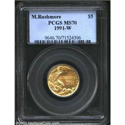 1991-W G$5 Mount Rushmore Gold Five Dollar MS70 PCGS. Silky smooth with a matte-like texture, this m