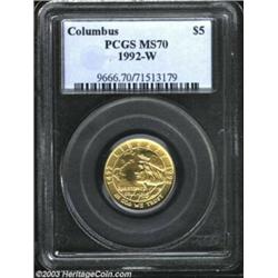 1992-W G$5 Columbus Gold Five Dollar MS70 PCGS. Smooth with expertly preserved features, this medium
