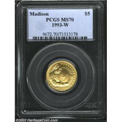 1993-W G$5 Bill of Rights Gold Five Dollar MS70 PCGS. This carefully preserved example has nothing t