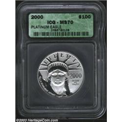 2000 P$100 One-Ounce Platinum Eagle MS70 ICG. An absolutely beautiful coin, with smooth matte-like f