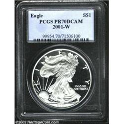 2001-W S$1 Silver Eagle PR70 Deep Cameo PCGS. The West Point Mint resumed production of proof Silver