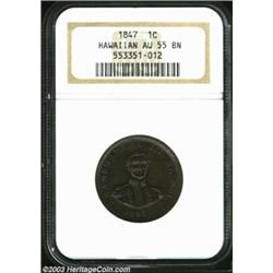 1847 1C Hawaii Cent AU55 NGC. Plain 4, 13 berries. A glossy example with two-toned chocolate and mah