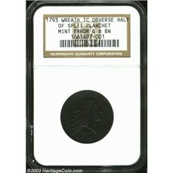 1793 1C Wreath Cent--Vine and Bars--Obverse Half of a Split Planchet--Good 6 NGC. Obverse 9. This un