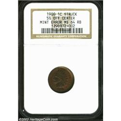 1900 1C Cent--Struck 5% Off Center--MS64 Red and Brown NGC. Struck off center at 9 o'clock. All lege