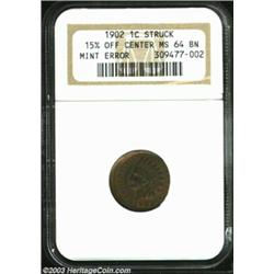 1902 1C Cent--15% Off Center--MS64 Brown NGC. Snow-2. Struck off center at 3 o'clock, but all legend