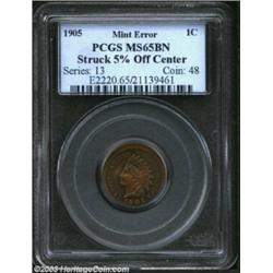 1905 1C Cent--Struck 5% Off Center--MS65 Brown PCGS. Struck off center at 6 o'clock, although all le