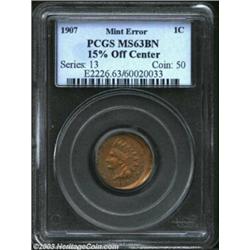1907 1C Cent--15% Off Center--MS63 Brown PCGS. Struck off center at 9 o'clock, with UNITED STATES an