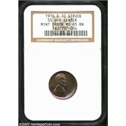 1916-D 1C Cent--Struck 5% Off Center--MS65 Brown NGC. A lovely Gem, the otherwise glossy brown surfa