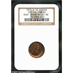 1916-D 1C Cent--Struck 15% Off Center--MS63 Red and Brown NGC. The lower right of the obverse and up