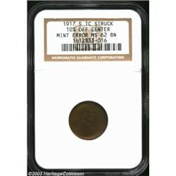 1917-S 1C Cent--Struck 10% Off Center--MS62 Brown NGC. The left part of each side shows a significan