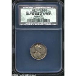 1920 1C Cent--Struck on Argentina 10C Planchet, 3.1 Grams--VF Details, Damaged, NCS. A silver-gray C
