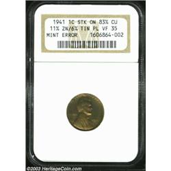 1941 1C Cent--Struck on 83% Copper, 11% Zinc, 6% Tin Planchet--VF35 NGC. Cents from 1941 should be 9