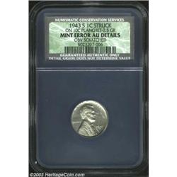 1943-S 1C Cent--Struck On 10C Planchet--AU Details, Obverse Scratched, NCS. 2.5 grains. While virtua