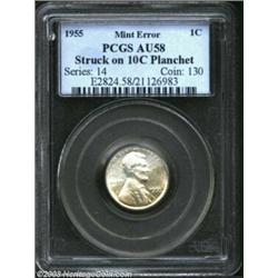 1955 1C Cent--Struck on 10C Planchet--AU58 PCGS. The borders have softness of strike that is typical
