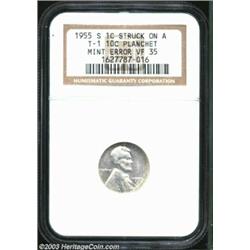 1955-S 1C Cent--Struck on a Type One Dime Planchet--VF35 NGC. The striking details are very irregula