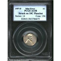 1957-D 1C Cent--Struck on 10C Planchet--AU58 PCGS. The pearl-gray surfaces have modest luster, the c