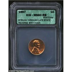 1967 1C Cent--Struck Through Late State Reverse Brockage--MS60 Red and Brown ICG. The obverse was pr