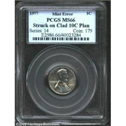 1977 1C Cent--Struck on Clad 10C Planchet--MS66 PCGS. Blazing luster and unblemished surfaces combin