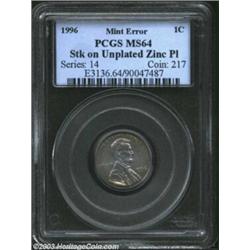 1996 1C Cent--Struck on Unplated Zinc Planchet--MS64 PCGS. Suggestions of copper-gold patina decorat