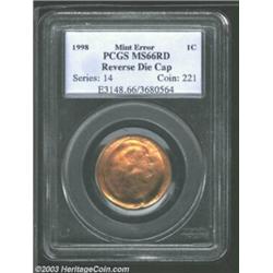 1998 1C Cent--Reverse Die Cap--MS66 Red PCGS. The reverse impression is typically sharp, although so