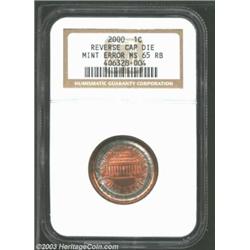 2000 1C Cent--Reverse Die Cap--MS65 Red and Brown NGC. The blurred and oversized visage of Lincoln i