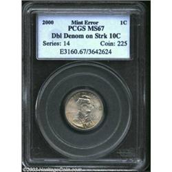 2000 1C Cent--Double Denomination on Struck 10C--MS67 PCGS. A lustrous and beautifully preserved exa