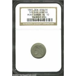 1865 3CN Three Cent Nickel--10% Off Center--VG10 NGC. The pillars of the denomination still have a f