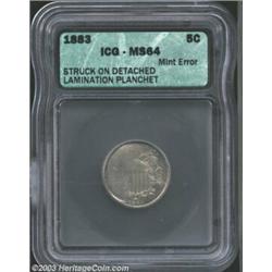 1883 5C Shield Nickel--Struck on Detached Lamination Planchet--MS64 ICG. Almost half of the reverse.