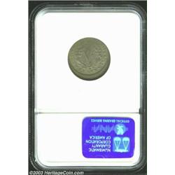 1890 5C Nickel--Struck 10% Off Center--Fine 12 NGC. The impression is off center at 6 o'clock. The d