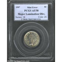 1907 5C Nickel--Major Lamination Obverse--AU58 PCGS. There is a sizeable, nearly bisecting laminatio
