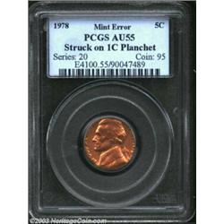 1978 5C Nickel--Struck on 1C Planchet--AU55 PCGS. An orange-red example that has good definition for