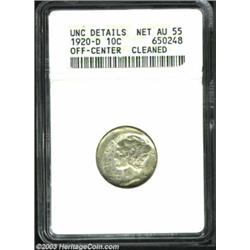 1920-D 10C Dime--Off Center, Cleaned--ANACS. Unc Details, Net AU55. Struck approximately 15% off cen