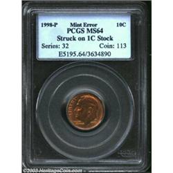 1998-P 10C Dime--Struck on 1C Stock--MS64 PCGS. Although PCGS has not recorded a color designation o