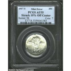 1917-S 25C Type Two Quarter--Struck 10% Off Center--AU55 PCGS. Struck with an extra lip of flan on t