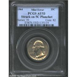 1964 25C Quarter--Struck on a Five Cents Planchet--AU53 PCGS. A dramatic wrong denomination error th