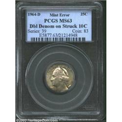 1964-D 25C Quarter Struck on a Dime--MS63 PCGS. This dual-denomination piece was struck on a previou