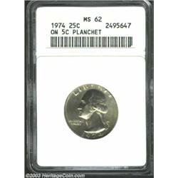 1974 25C Quarter--Struck on 5C Planchet--MS62 ANACS. The surfaces are unabraded for the grade, and h