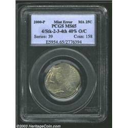 2000-P 25C Massachusetts Statehood Quarter--Quadruple Struck, 2nd, 3rd, and 4th 40% Off Center--MS65